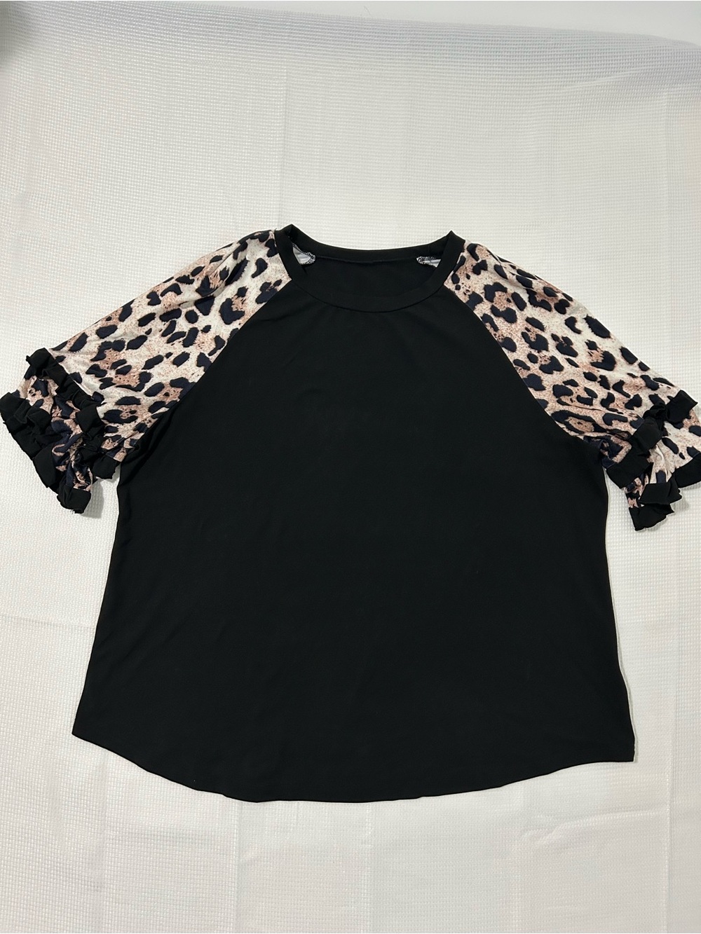 Black Tee with Leopard Ruffle Sleeves - Women's Short Sleeve